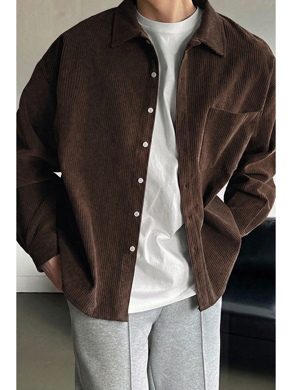 Kahverengi Erkek Gömlek Fitilli Kadife Oversize Gömlek Yaka Cepli Uzun Kollu Ceket Gömlek-1