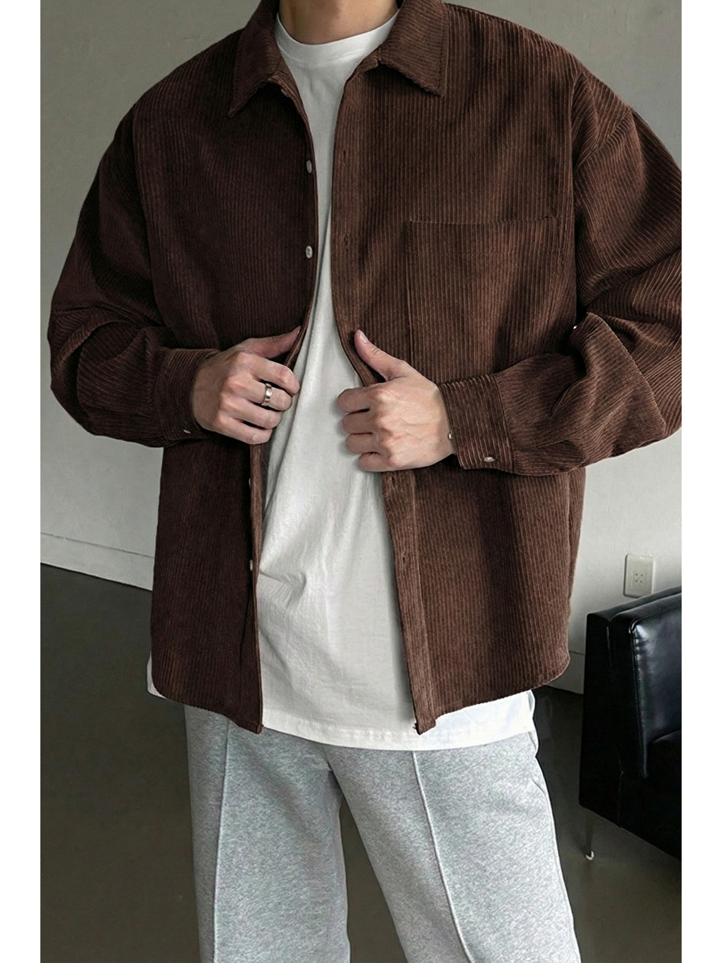 Kahverengi Erkek Gömlek Fitilli Kadife Oversize Gömlek Yaka Cepli Uzun Kollu Ceket Gömlek-2