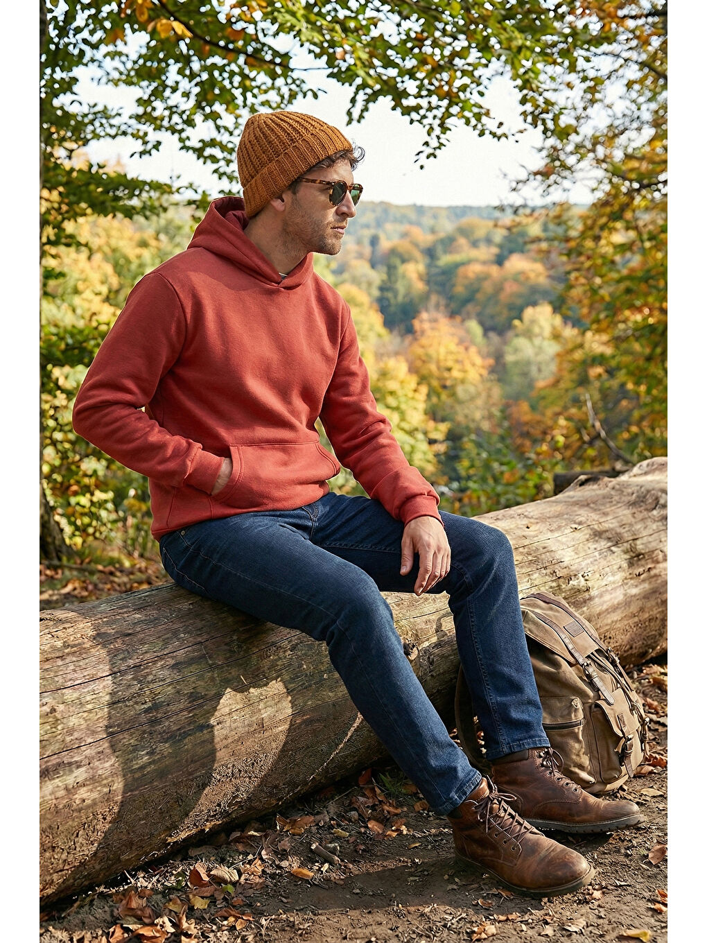 Kırmızı Slim Fit Kapüşonlu Kanguru Cepli İçi Tüylü Yumuşak Şardonlu Erkek Sweat 5905281