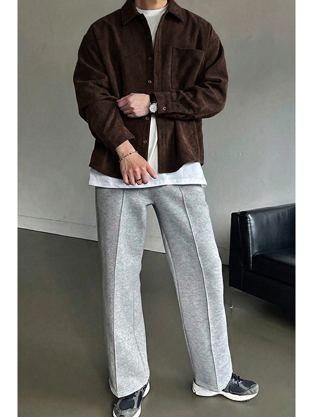 Kahverengi Erkek Gömlek Fitilli Kadife Oversize Gömlek Yaka Cepli Uzun Kollu Ceket Gömlek-3