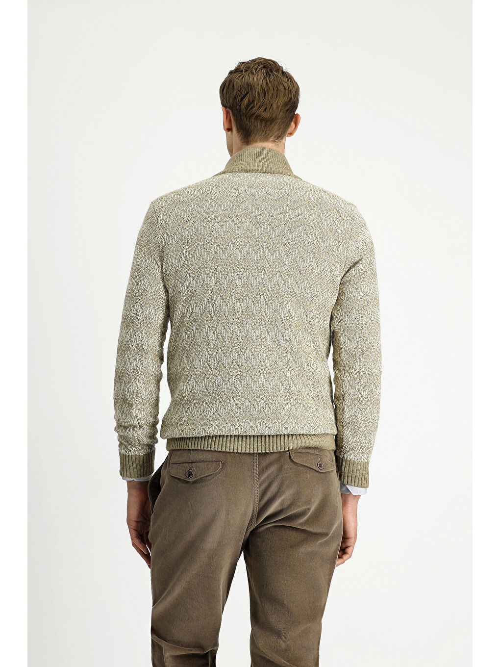 Bej Yarım Balıkçı Yaka Regular Fit Fermuarlı Desenli Pamuklu Triko Kazak-4