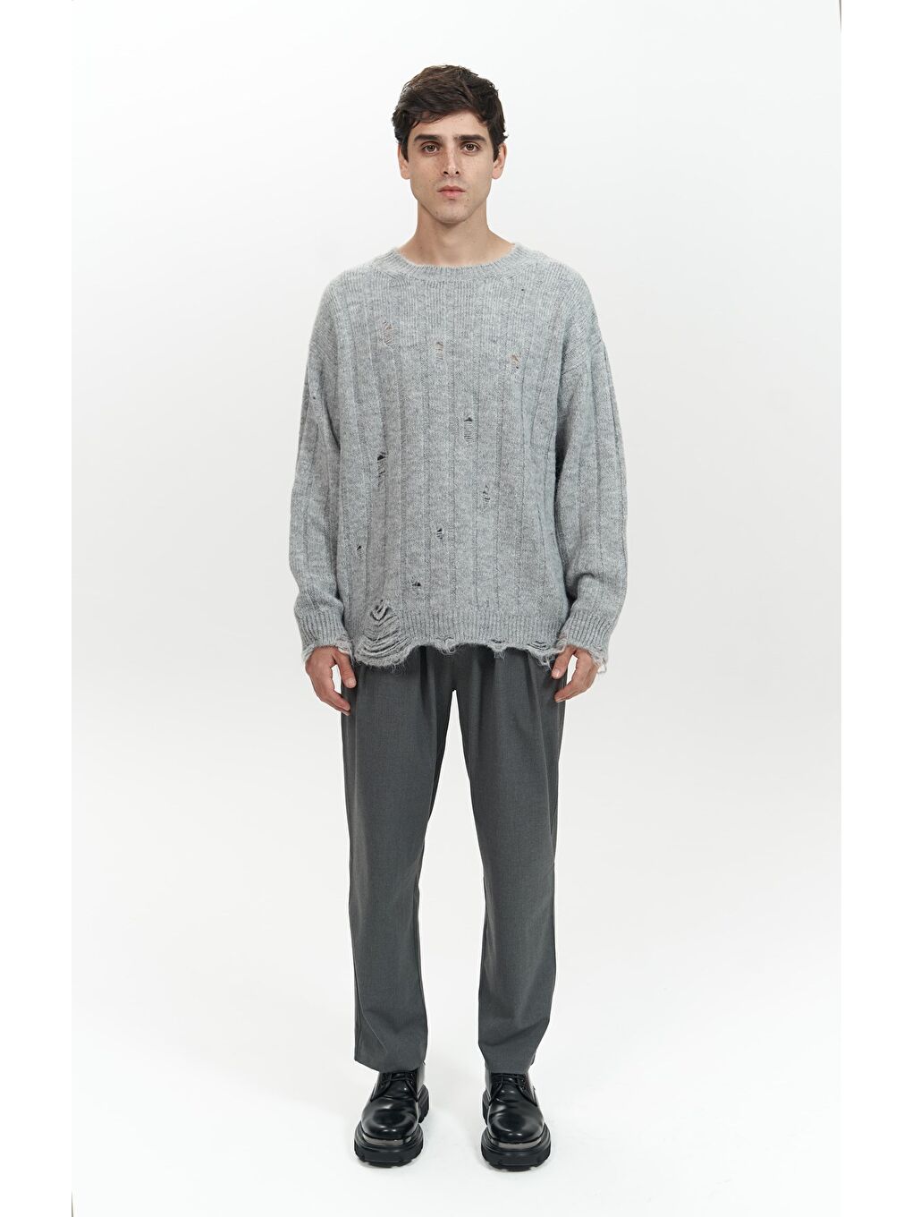 Vincent Yırtık Detay Gri Erkek Triko Kazak-1