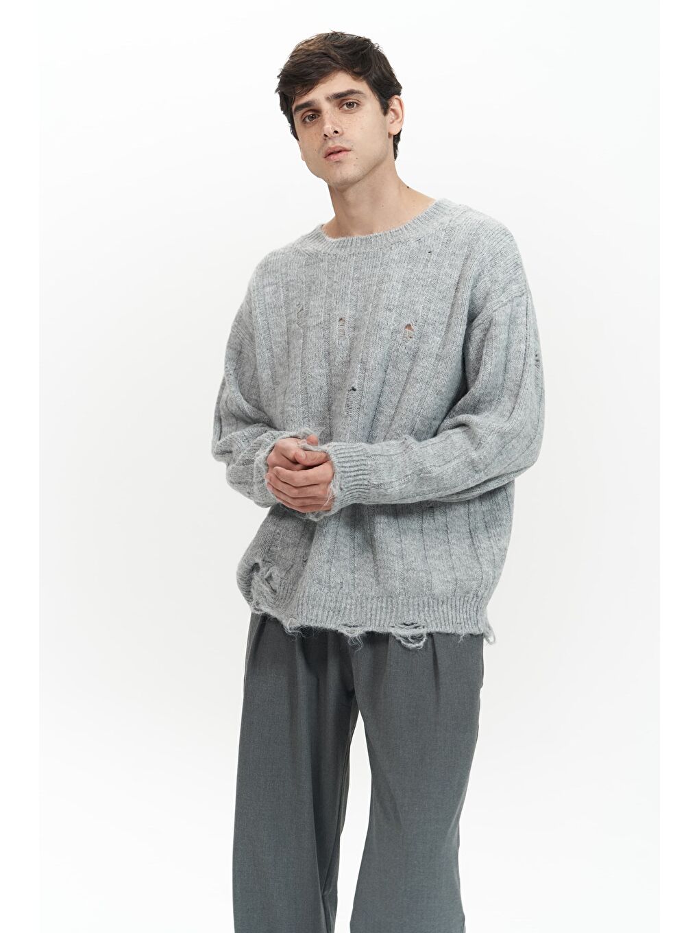 Vincent Yırtık Detay Gri Erkek Triko Kazak-2