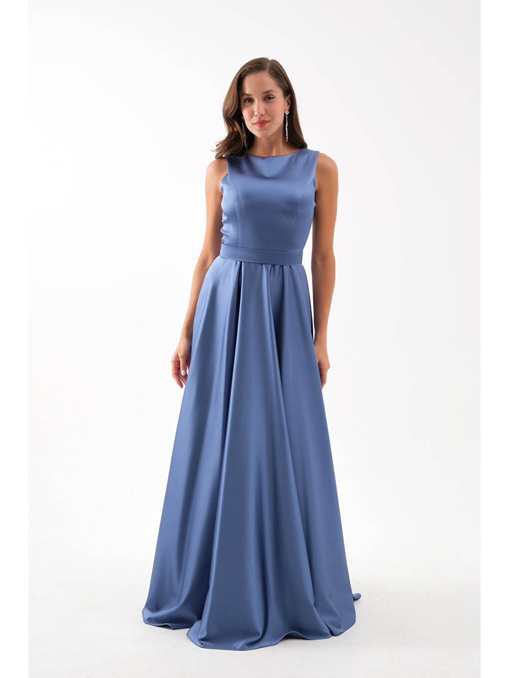 Kadın İndigo Kalın Askılı Saten Uzun Abiye Elbise-1