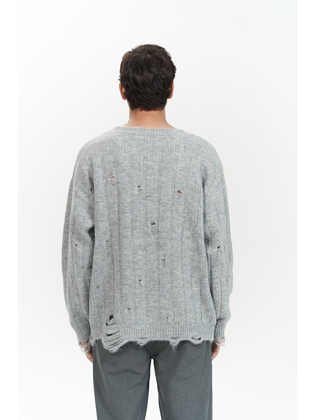 Vincent Yırtık Detay Gri Erkek Triko Kazak-3