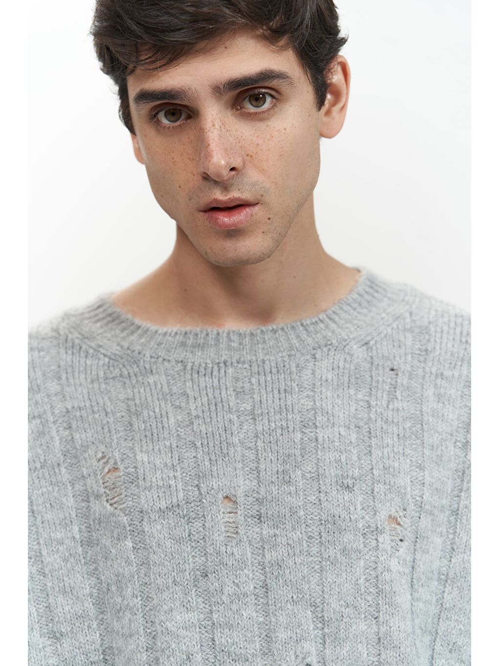 Vincent Yırtık Detay Gri Erkek Triko Kazak-4