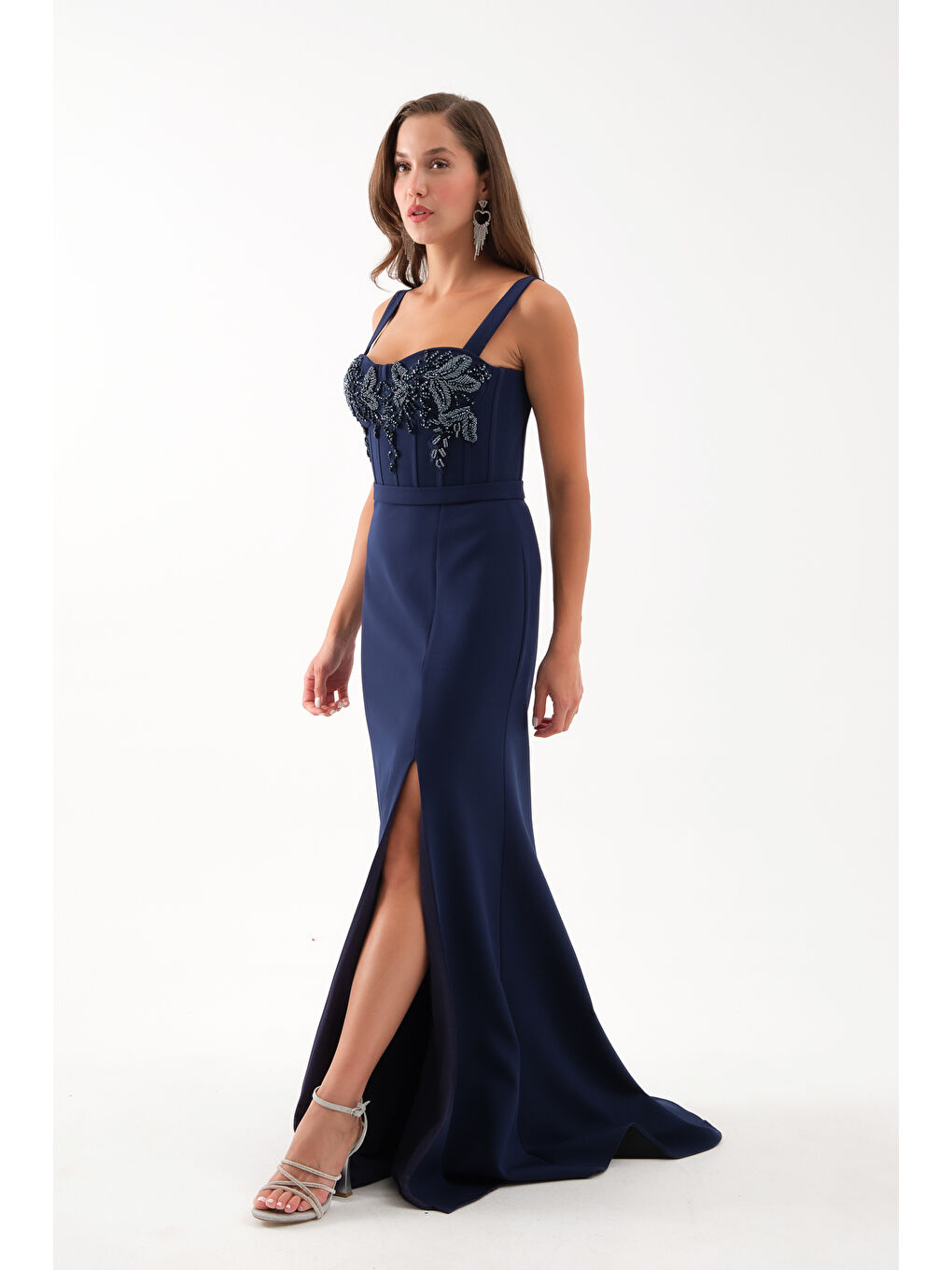 Kadın Lacivert Taşlı Yırtmaçlı Söz Nişan Nikah Abiye Elbise-1