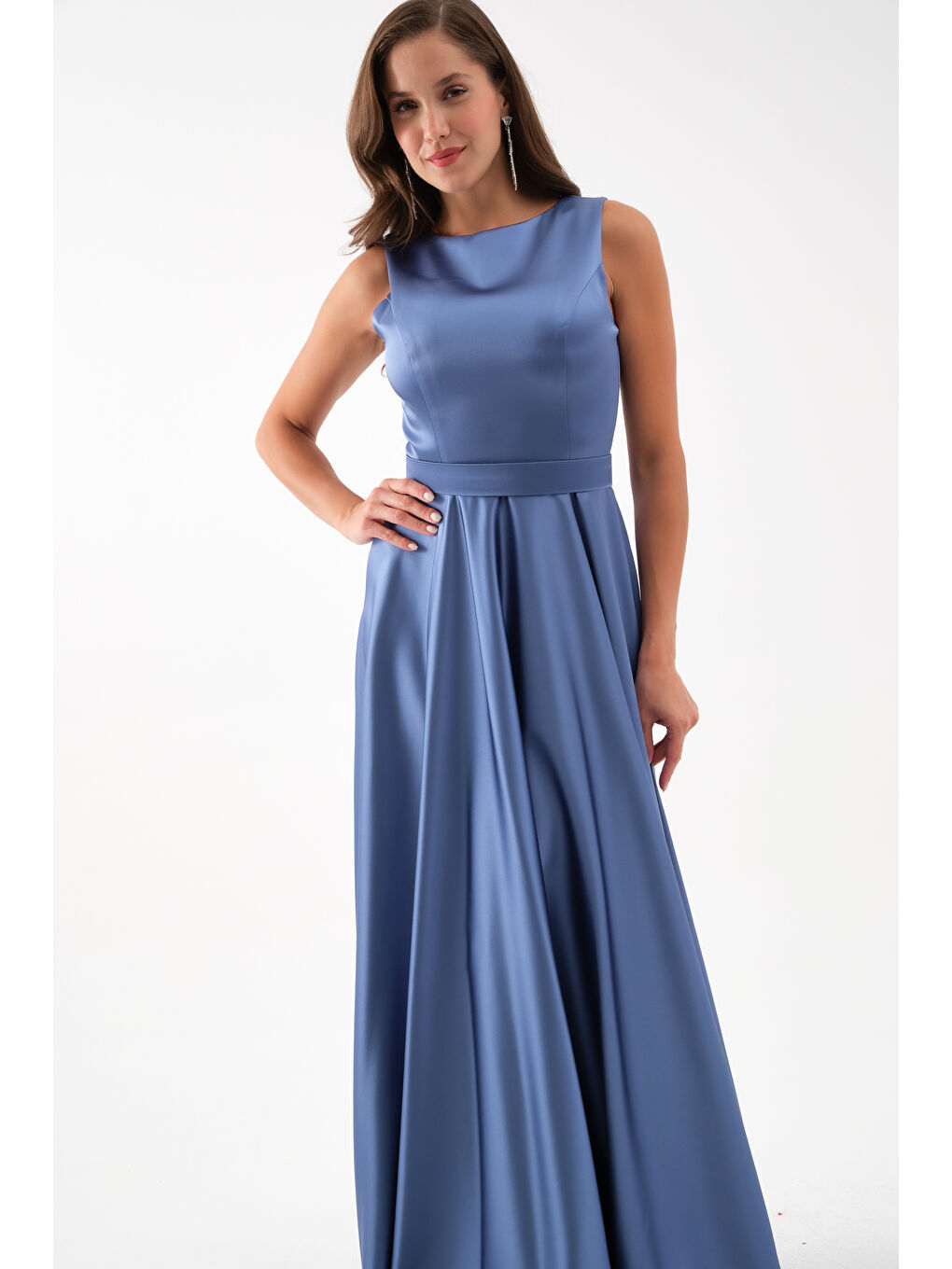 Kadın İndigo Kalın Askılı Saten Uzun Abiye Elbise-2