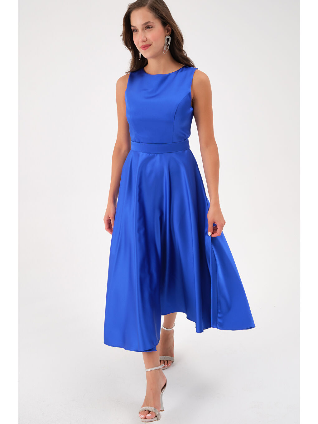 Mavi Kadın Saks Kalın Askılı Kemerli Midi Abiye Elbise-1