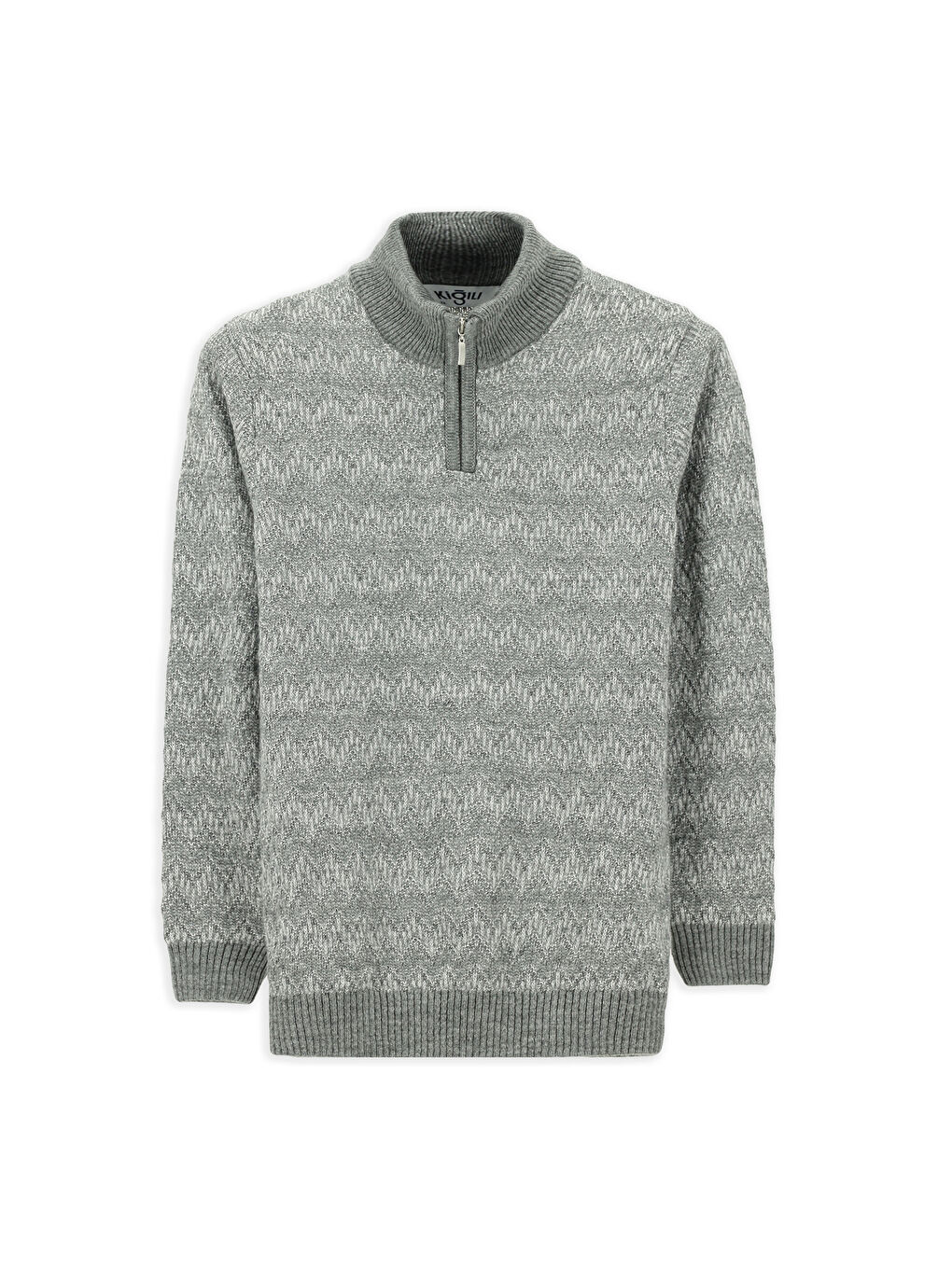 Gri Yarım Balıkçı Yaka Regular Fit Fermuarlı Desenli Pamuklu Triko Kazak-6