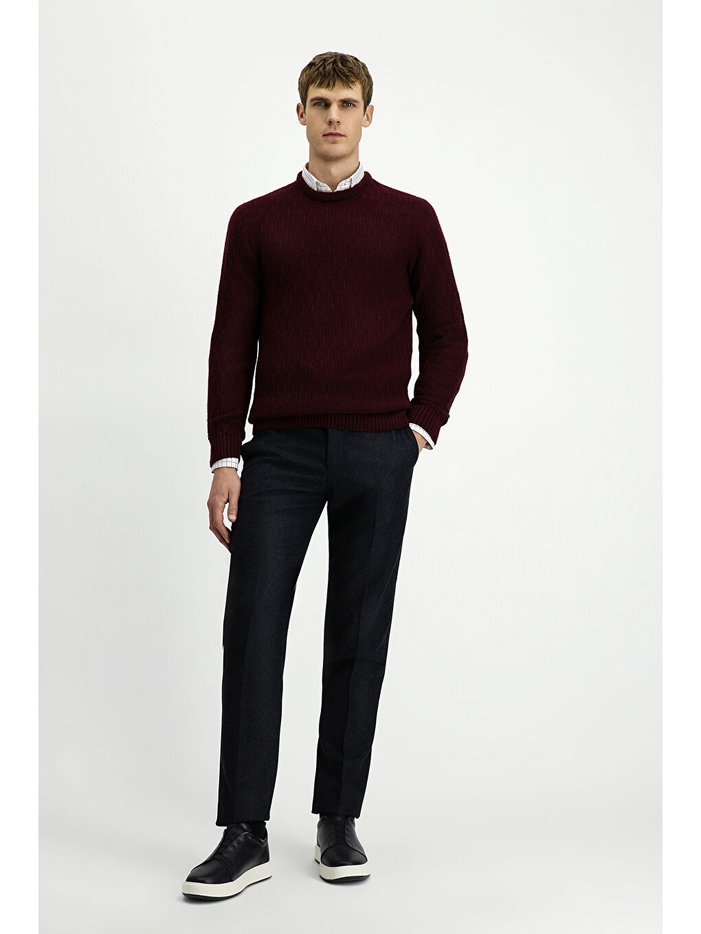 Bordo Bisiklet Yaka Regular Fit Desenli Triko Kazak-1