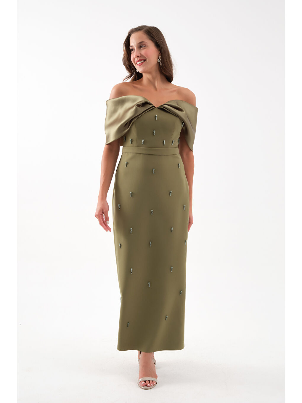 Kadın Haki Kayık Yaka İncili Söz Nişan Nikah Abiye Elbise