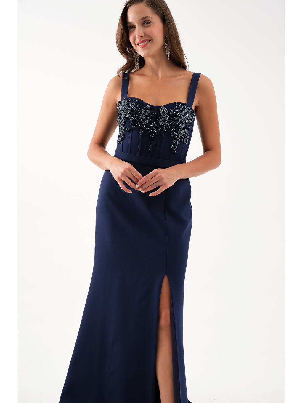 Kadın Lacivert Taşlı Yırtmaçlı Söz Nişan Nikah Abiye Elbise-2