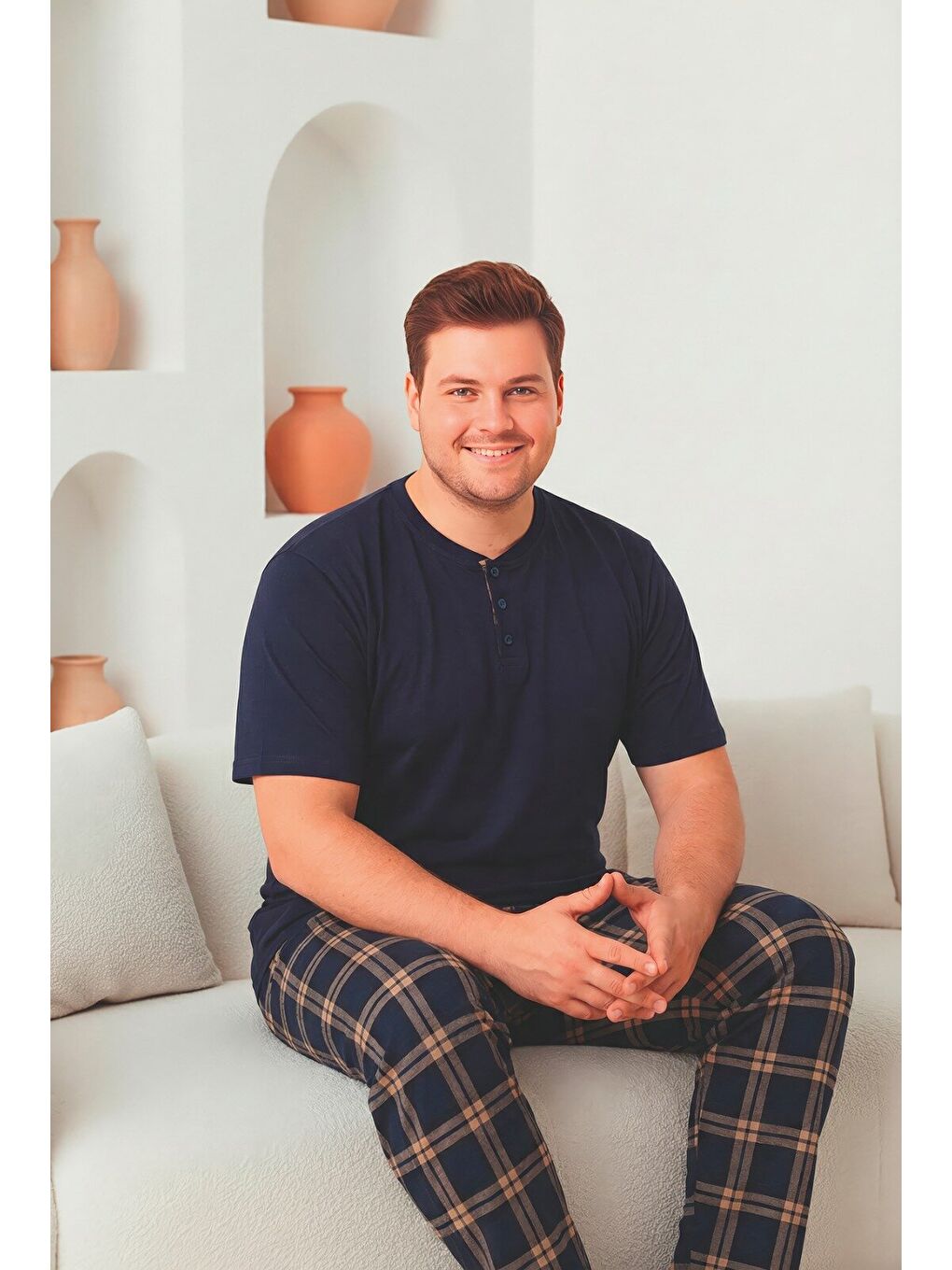 Lacivert Erkek %100 Doğal Pamuk Ekoseli Kısa Kollu Düğmeli Yüksek Kaliteli Pijama Takımı