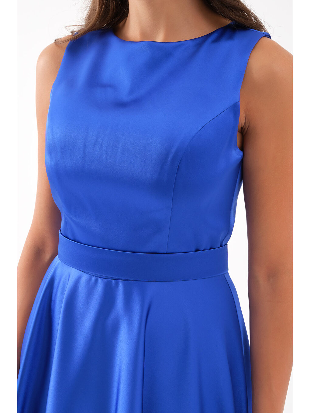 Mavi Kadın Saks Kalın Askılı Kemerli Midi Abiye Elbise-2