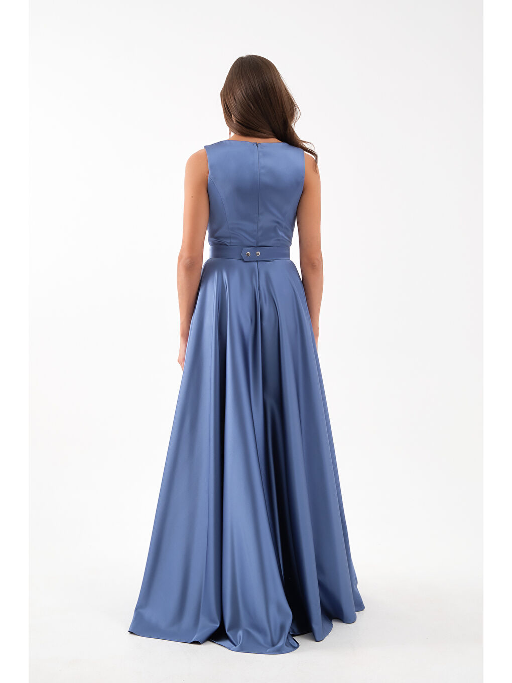 Kadın İndigo Kalın Askılı Saten Uzun Abiye Elbise-4