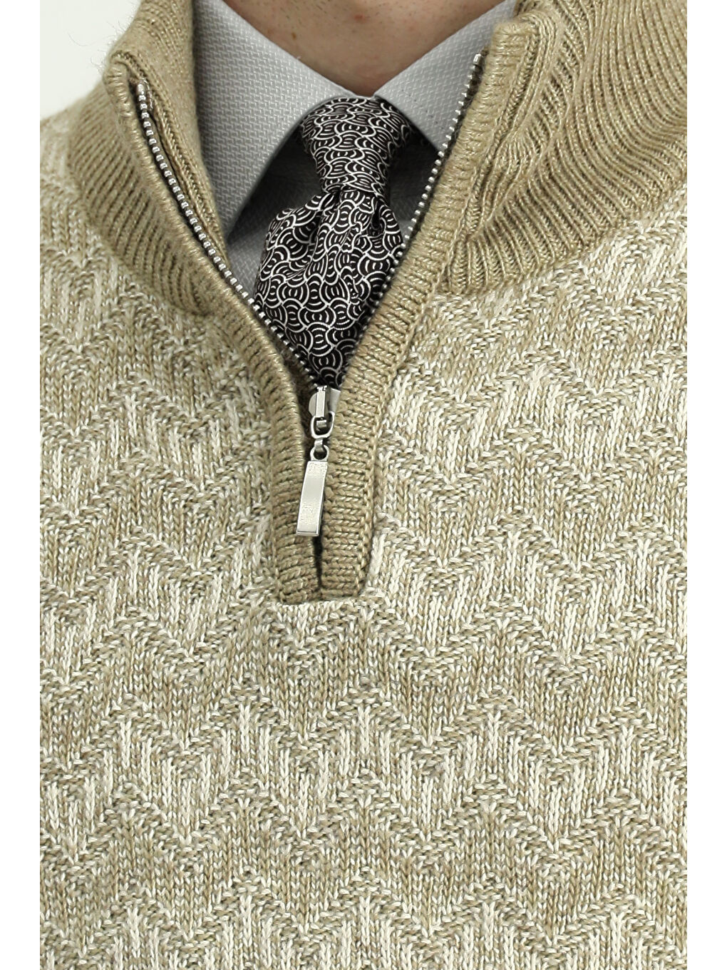 Bej Yarım Balıkçı Yaka Regular Fit Fermuarlı Desenli Pamuklu Triko Kazak-5