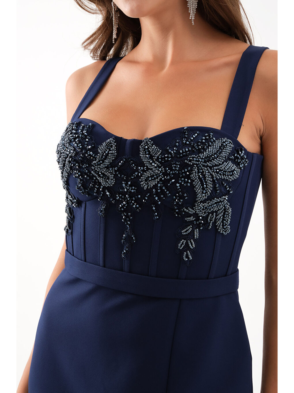 Kadın Lacivert Taşlı Yırtmaçlı Söz Nişan Nikah Abiye Elbise-3