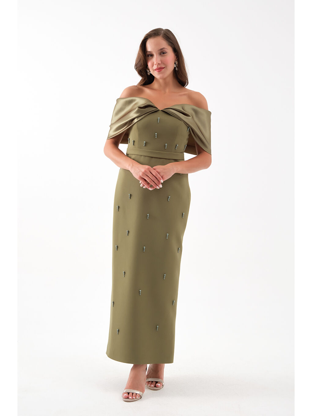 Kadın Haki Kayık Yaka İncili Söz Nişan Nikah Abiye Elbise-1