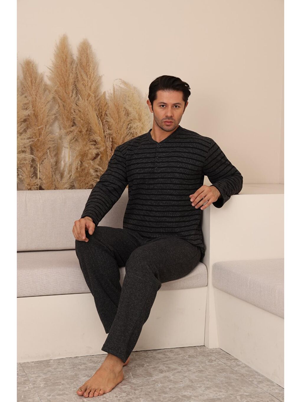 Erkek Selanik Önü Patlı Pamuklu Pijama Takımı | Antrasit 628-1
