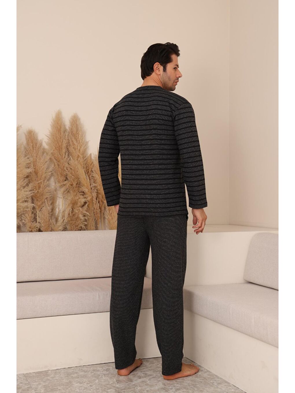 Erkek Selanik Önü Patlı Pamuklu Pijama Takımı | Antrasit 628-2