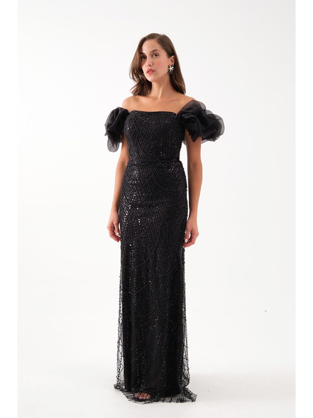 Kadın Siyah Kol Detay Boncuklu Uzun Abiye Elbise-1