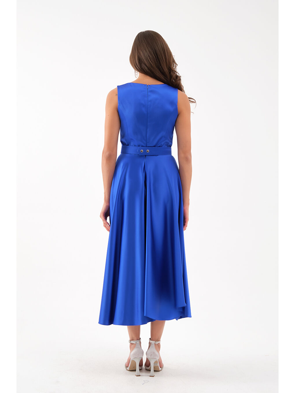 Mavi Kadın Saks Kalın Askılı Kemerli Midi Abiye Elbise-4
