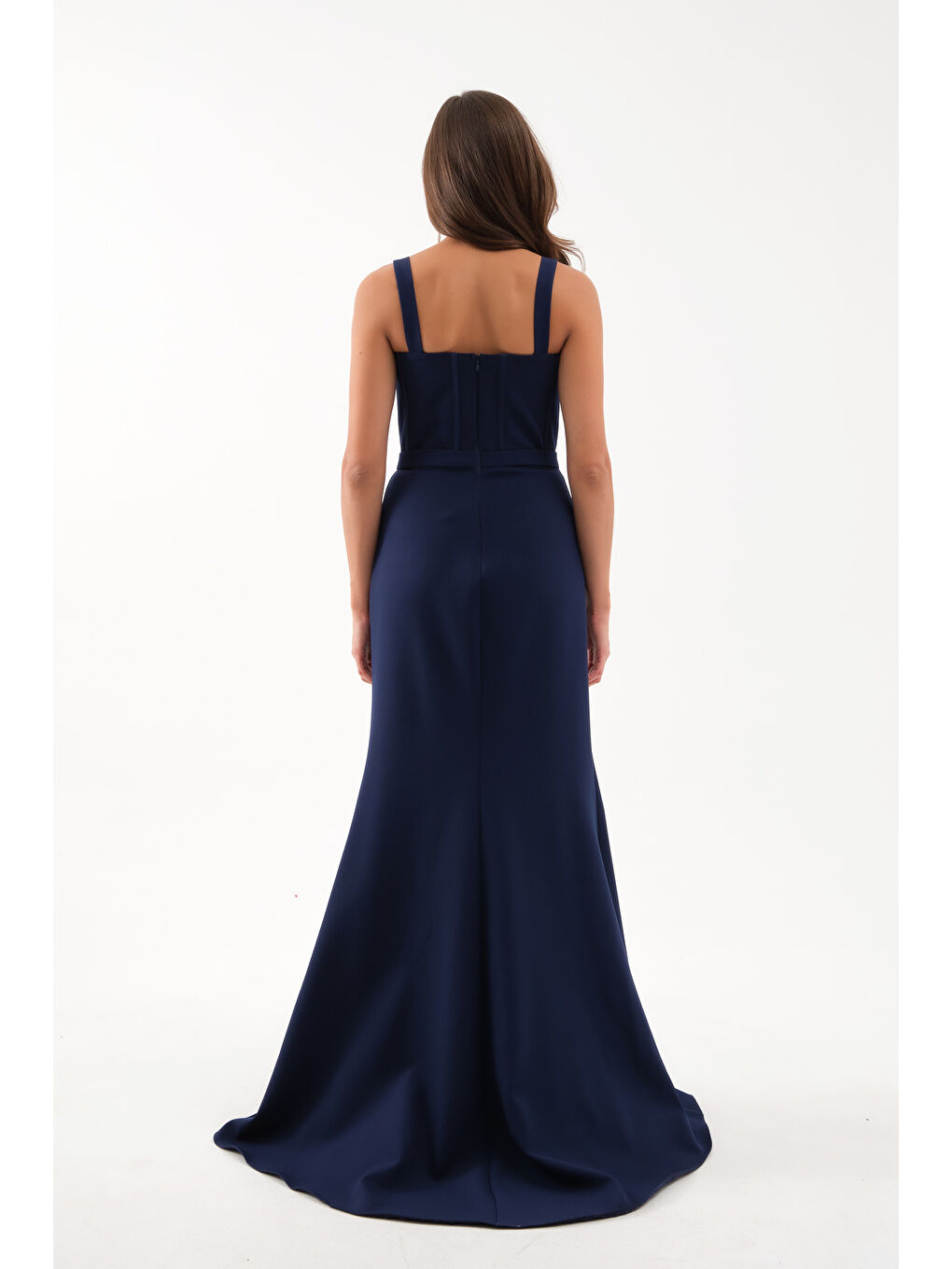 Kadın Lacivert Taşlı Yırtmaçlı Söz Nişan Nikah Abiye Elbise-4