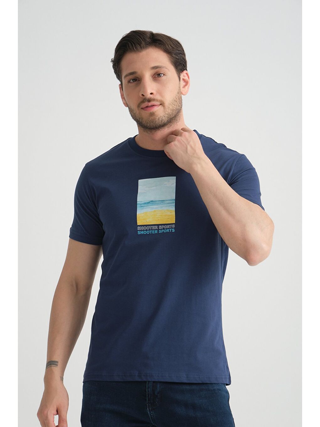 İndigo Erkek T-Shirt %100 Pamuk Minimalist Tasarım Regular Kalıp Baskılı