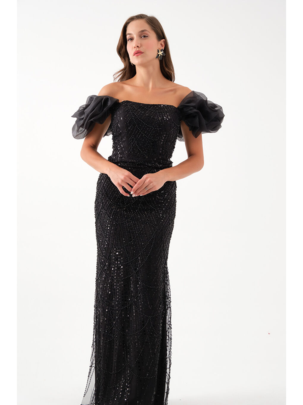 Kadın Siyah Kol Detay Boncuklu Uzun Abiye Elbise-2