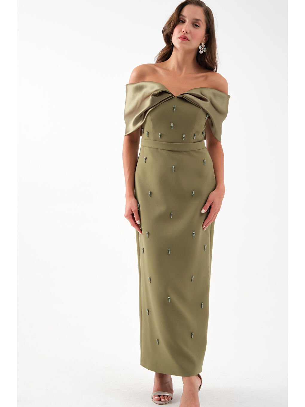 Kadın Haki Kayık Yaka İncili Söz Nişan Nikah Abiye Elbise-2