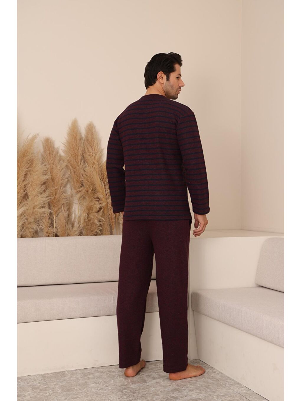 Erkek Selanik Önü Patlı Pamuklu Pijama Takımı | Bordo 630-1