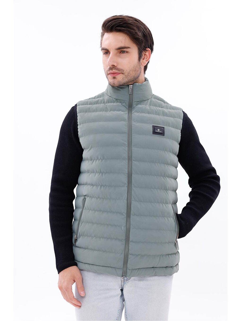 Yeşil Erkek Nova Kumaş Şişme Yelek Hafif Dolgulu Fermuarlı Cepli Su İtici Rahat Kalıp