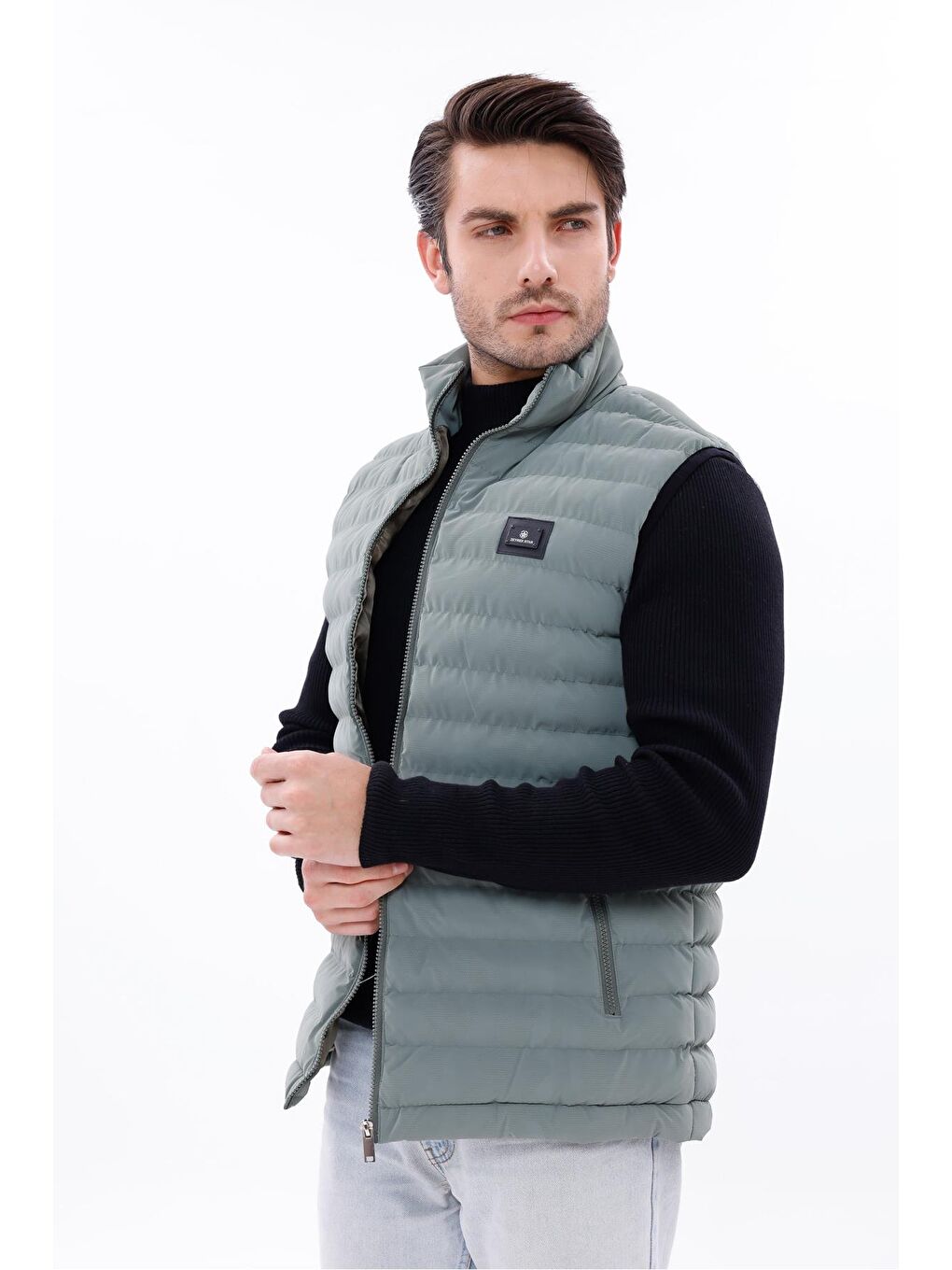 Yeşil Erkek Nova Kumaş Şişme Yelek Hafif Dolgulu Fermuarlı Cepli Su İtici Rahat Kalıp-1