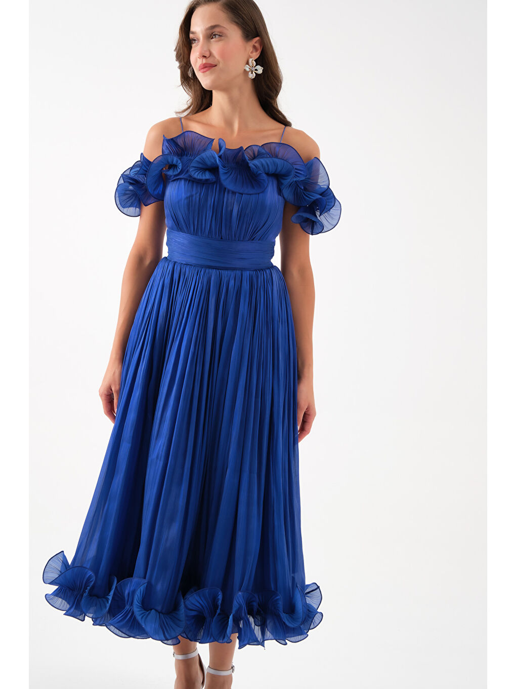 Mavi Kadın Saks Yaka Detay Midi Abiye Elbise-1