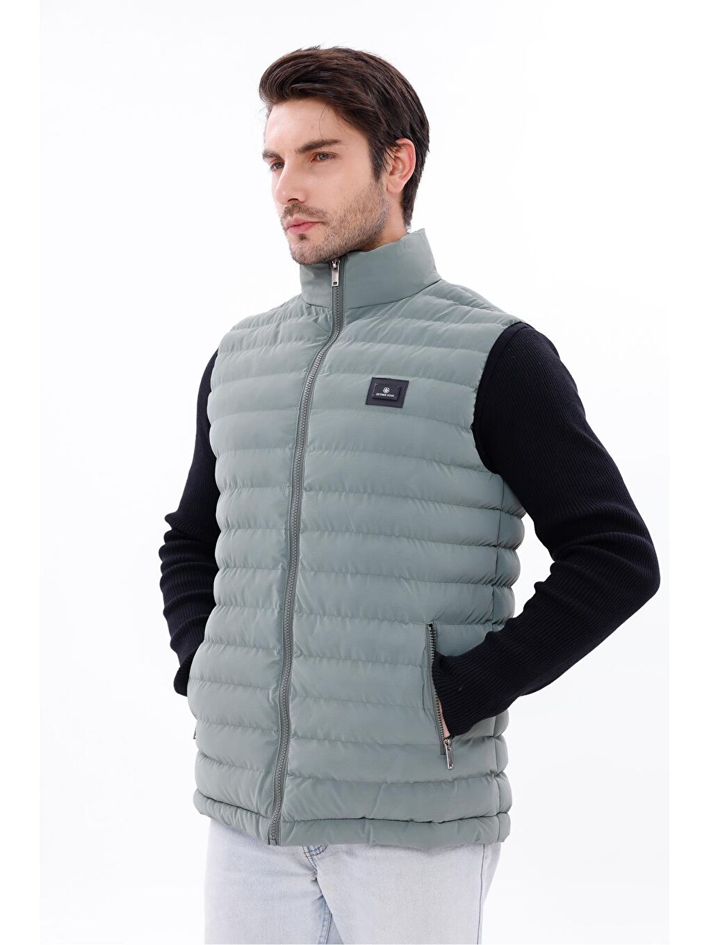 Yeşil Erkek Nova Kumaş Şişme Yelek Hafif Dolgulu Fermuarlı Cepli Su İtici Rahat Kalıp-2