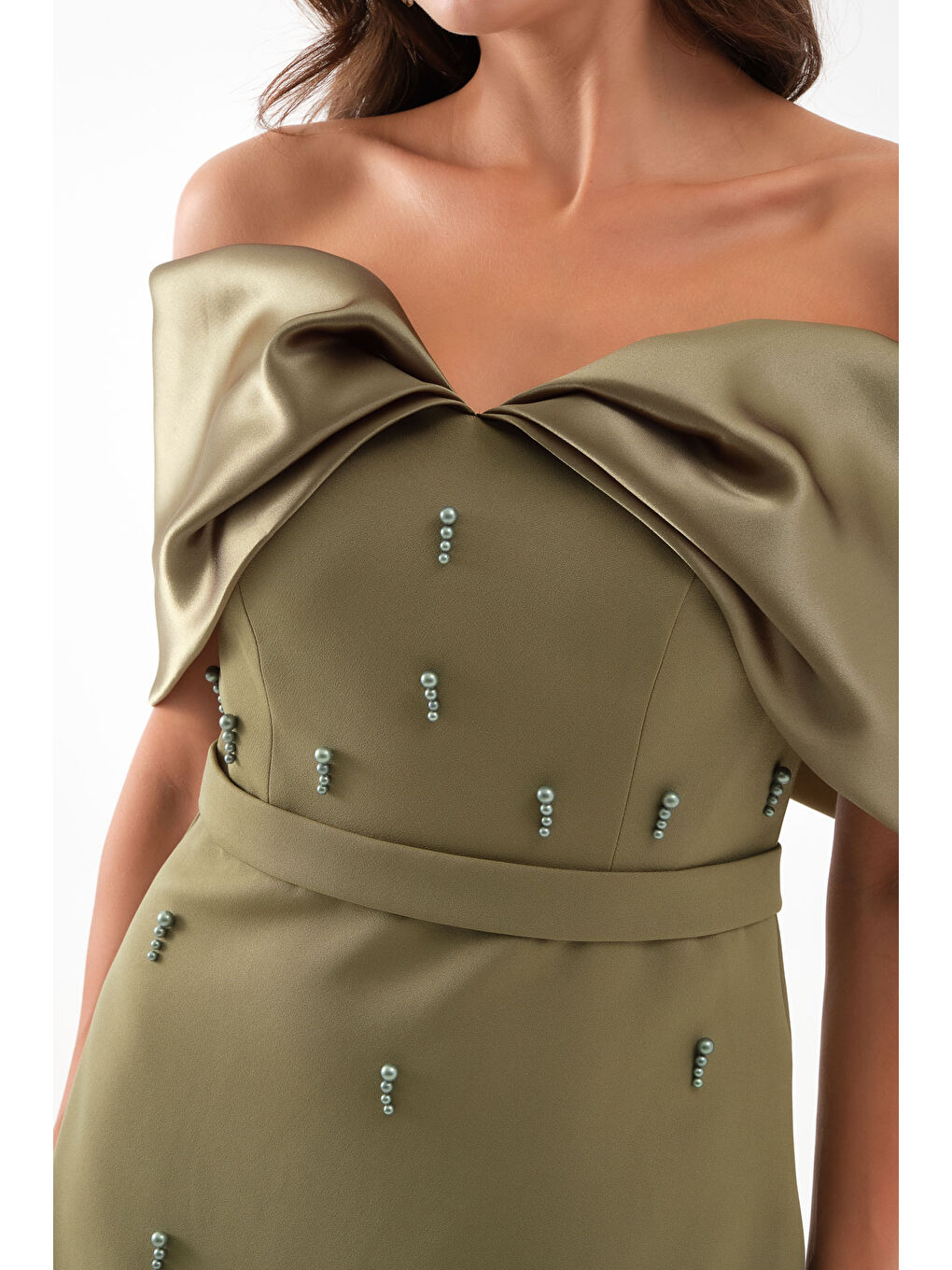 Kadın Haki Kayık Yaka İncili Söz Nişan Nikah Abiye Elbise-3