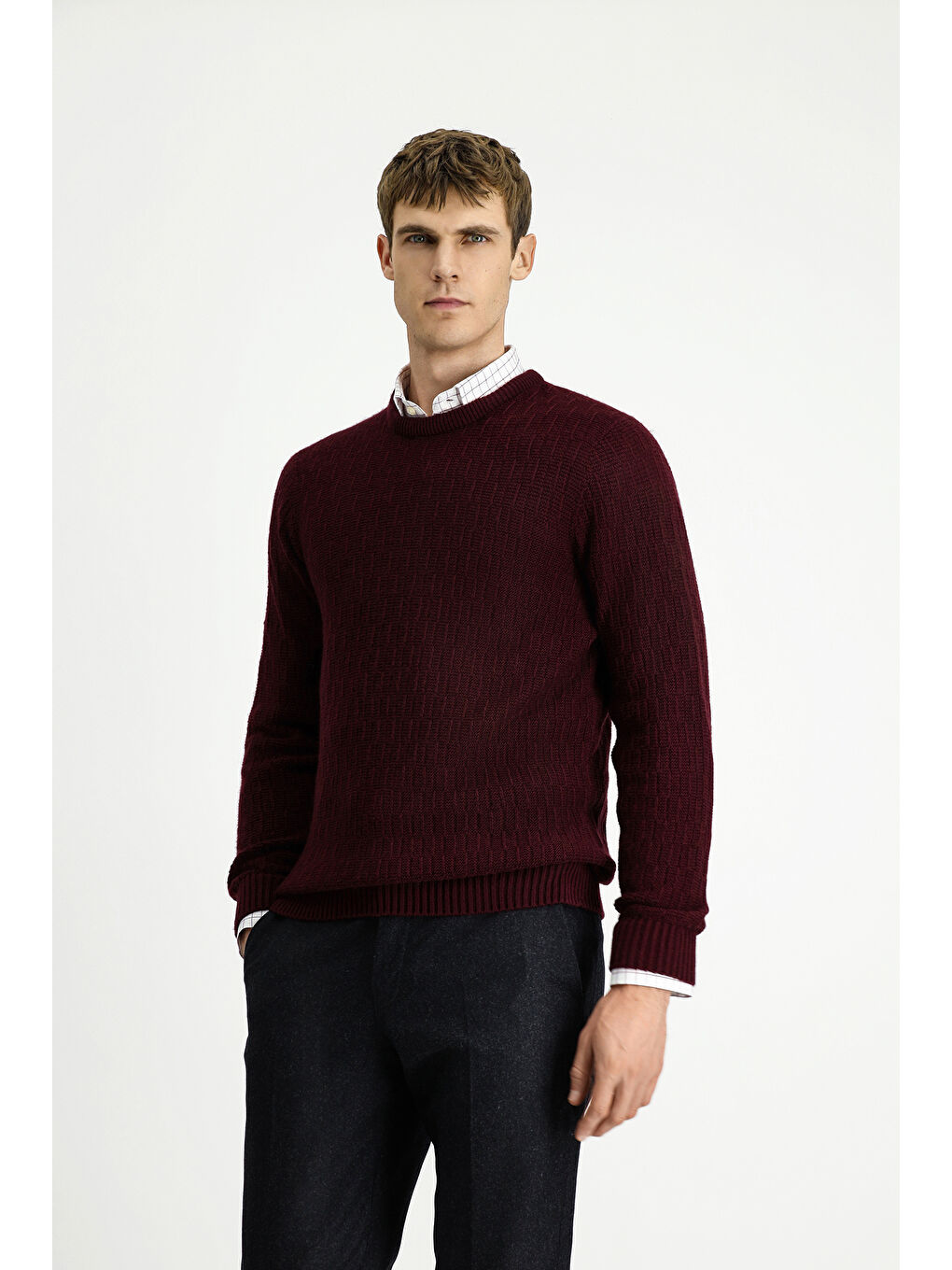 Bordo Bisiklet Yaka Regular Fit Desenli Triko Kazak-3