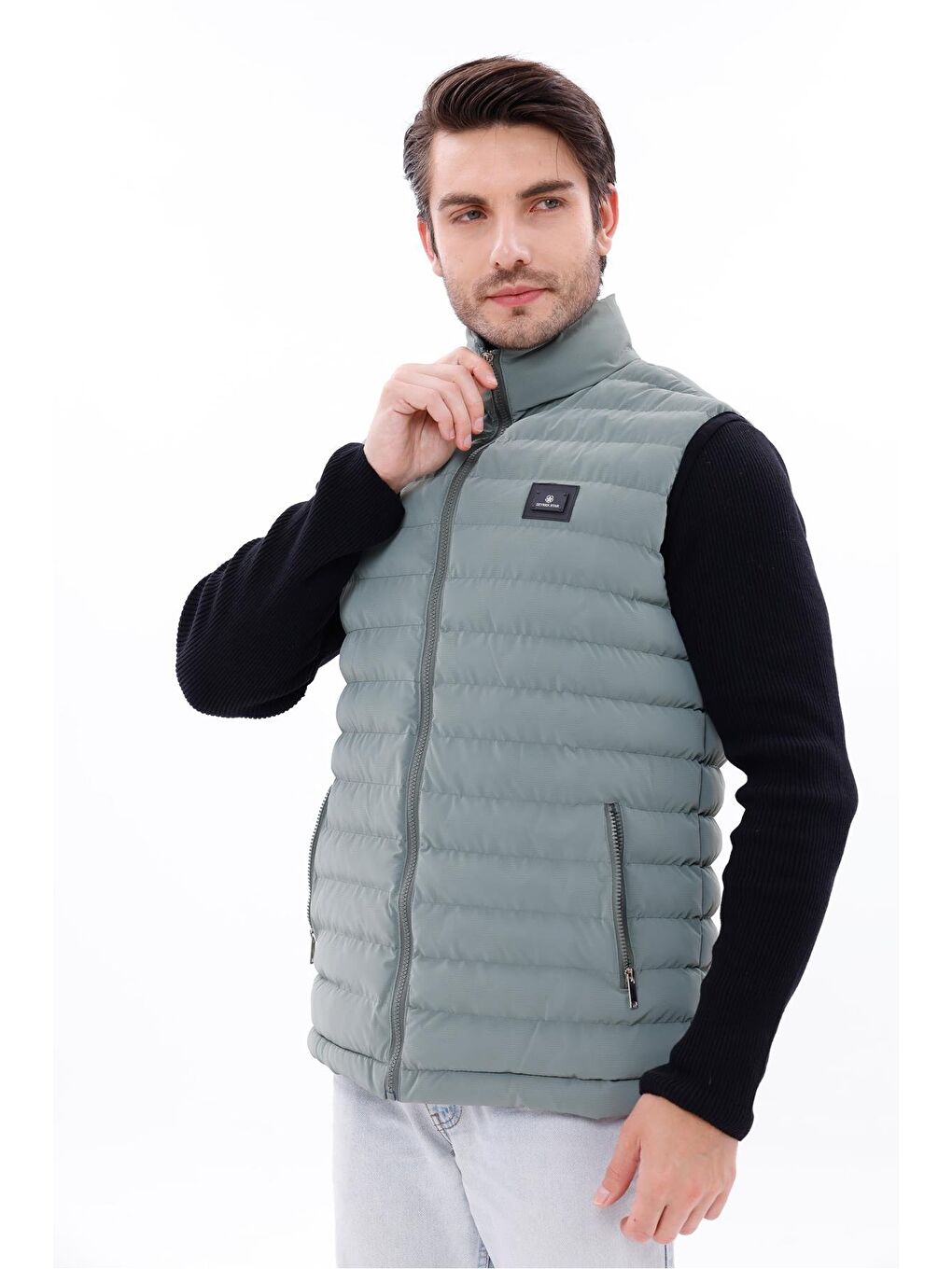 Yeşil Erkek Nova Kumaş Şişme Yelek Hafif Dolgulu Fermuarlı Cepli Su İtici Rahat Kalıp-3