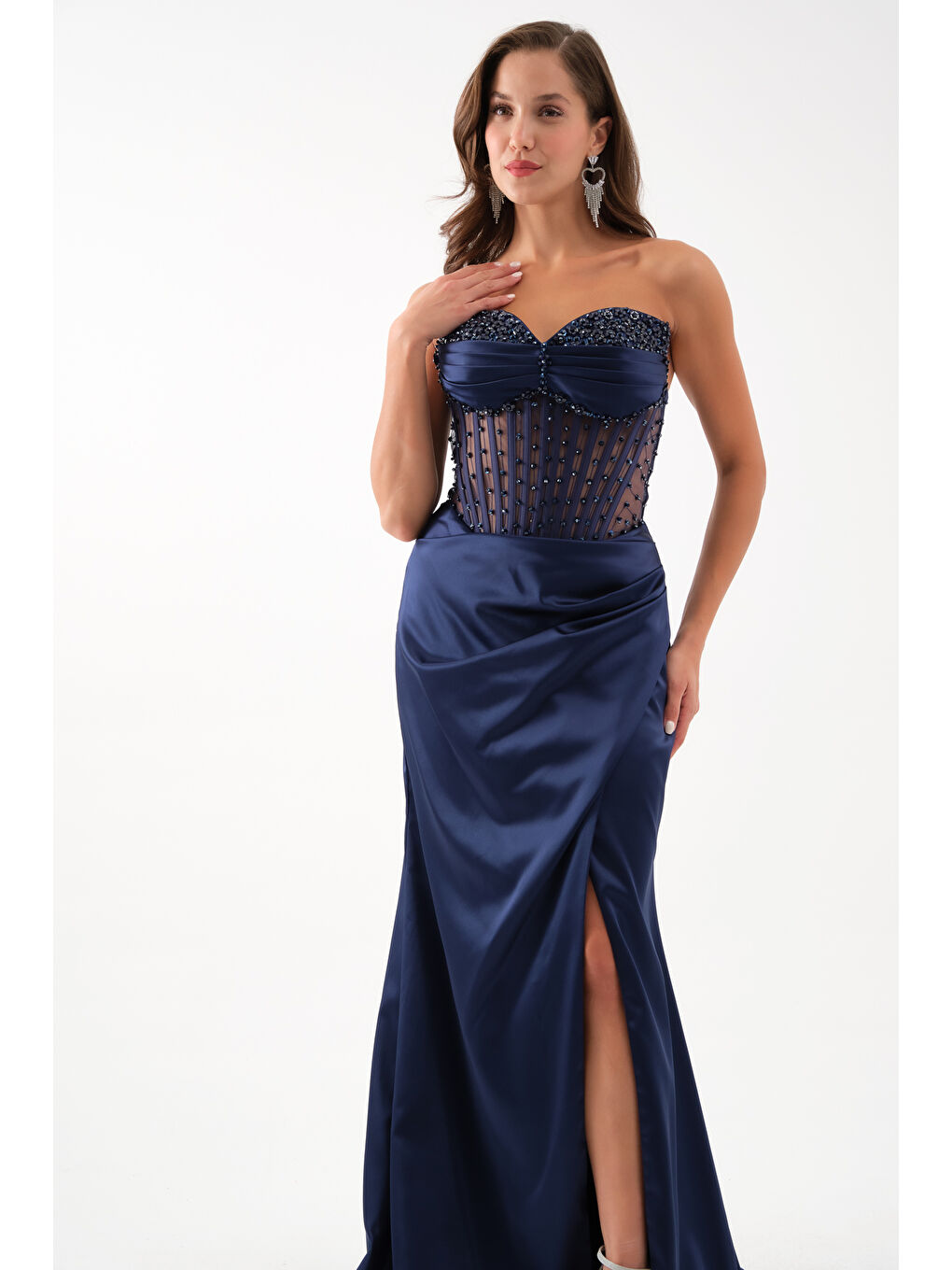 Kadın Lacivert Straplez Boncuklu Uzun Saten Abiye Elbise-2