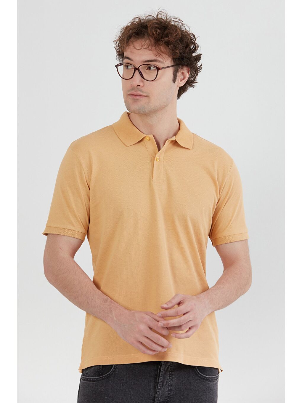 Sarı Basic Polo Yaka Yarım Düğmeli %100 Pamuk Tişört