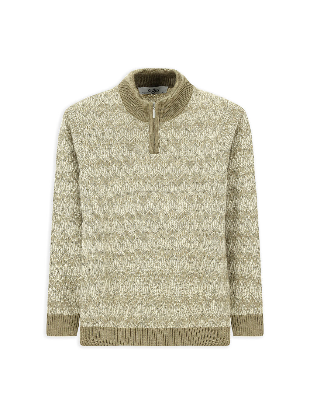 Bej Yarım Balıkçı Yaka Regular Fit Fermuarlı Desenli Pamuklu Triko Kazak-6