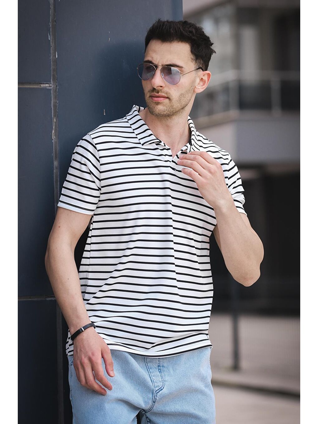 Beyaz Ht 947008 Slim Fit Elastanlı Yarım Pat Çizgili Bisiklet Yaka Erkek Tişört-1