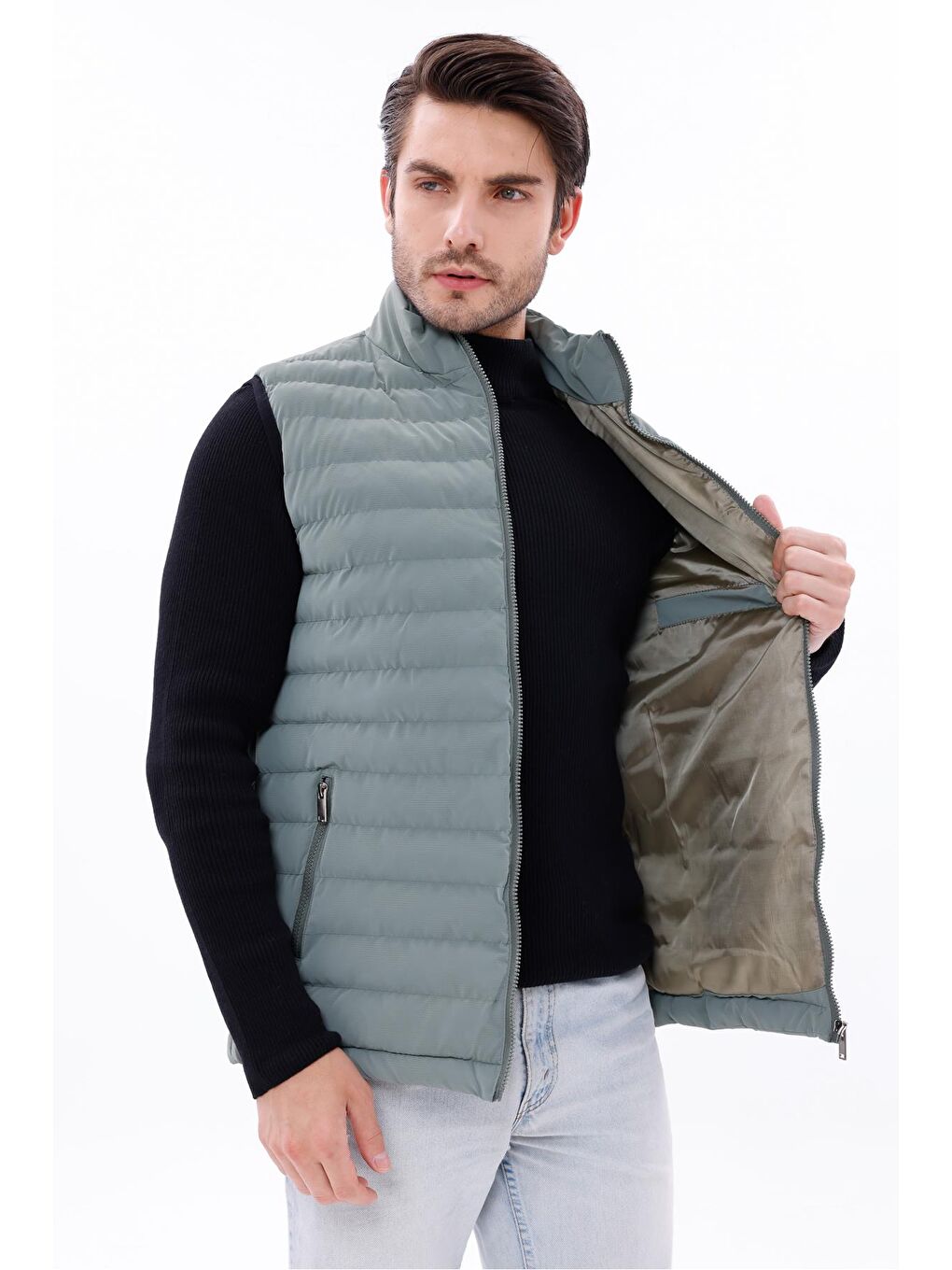Yeşil Erkek Nova Kumaş Şişme Yelek Hafif Dolgulu Fermuarlı Cepli Su İtici Rahat Kalıp-4