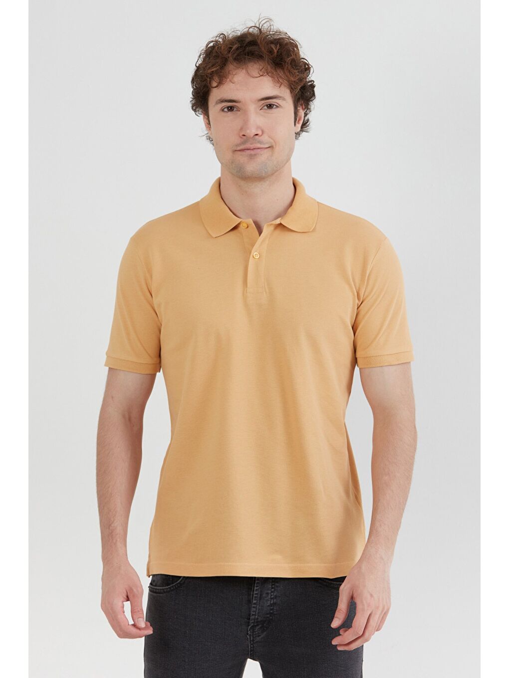 Sarı Basic Polo Yaka Yarım Düğmeli %100 Pamuk Tişört-1