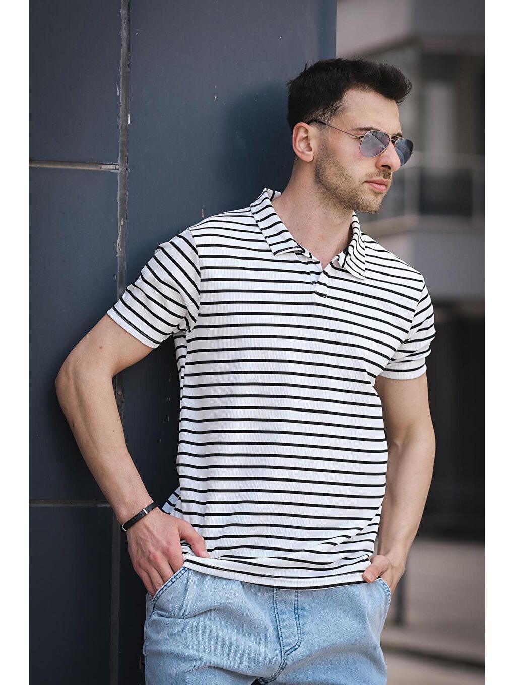 Beyaz Ht 947008 Slim Fit Elastanlı Yarım Pat Çizgili Bisiklet Yaka Erkek Tişört-2