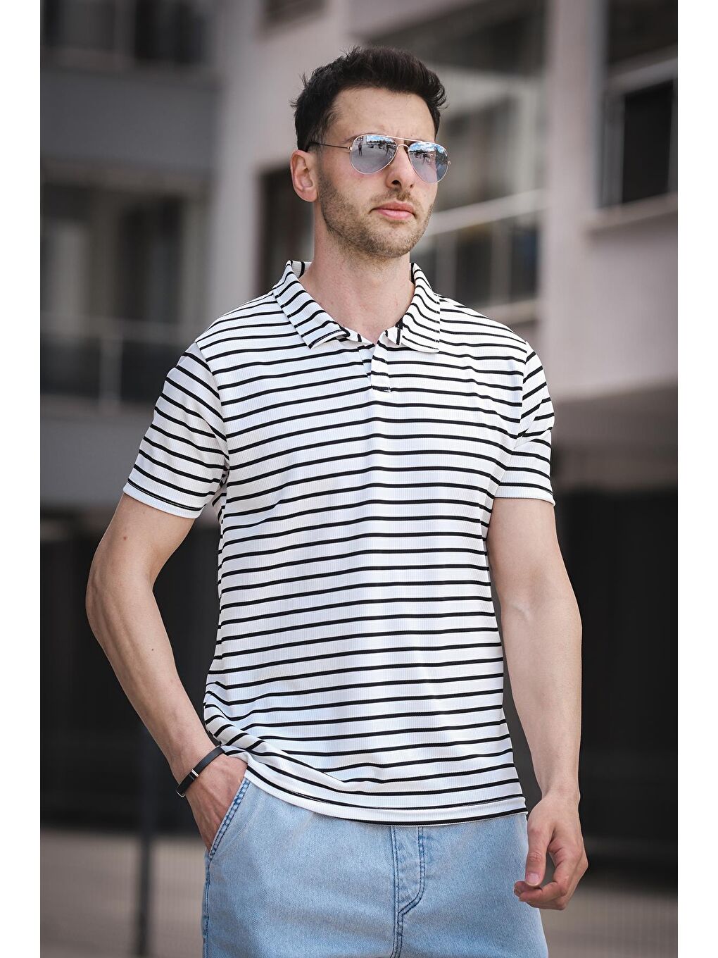 Beyaz Ht 947008 Slim Fit Elastanlı Yarım Pat Çizgili Bisiklet Yaka Erkek Tişört-3