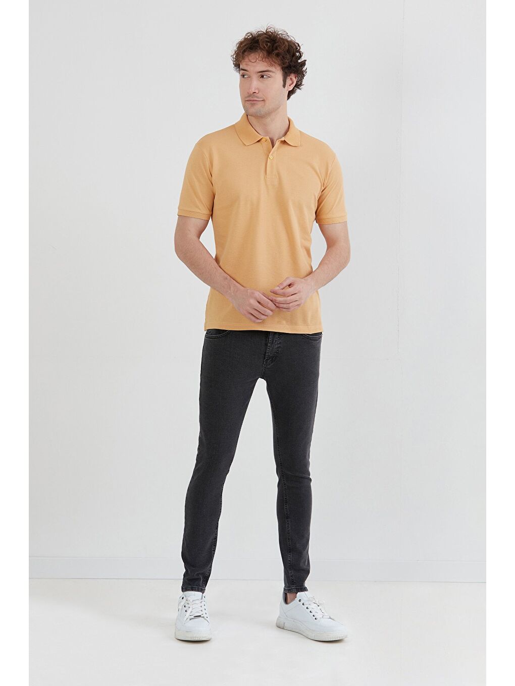 Sarı Basic Polo Yaka Yarım Düğmeli %100 Pamuk Tişört-2