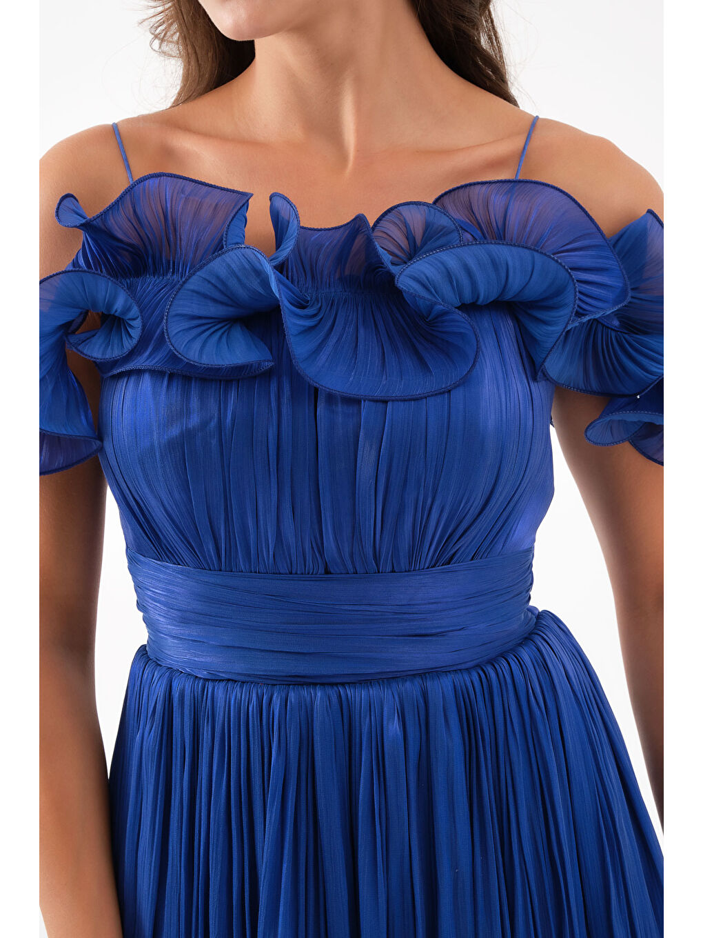 Mavi Kadın Saks Yaka Detay Midi Abiye Elbise-2