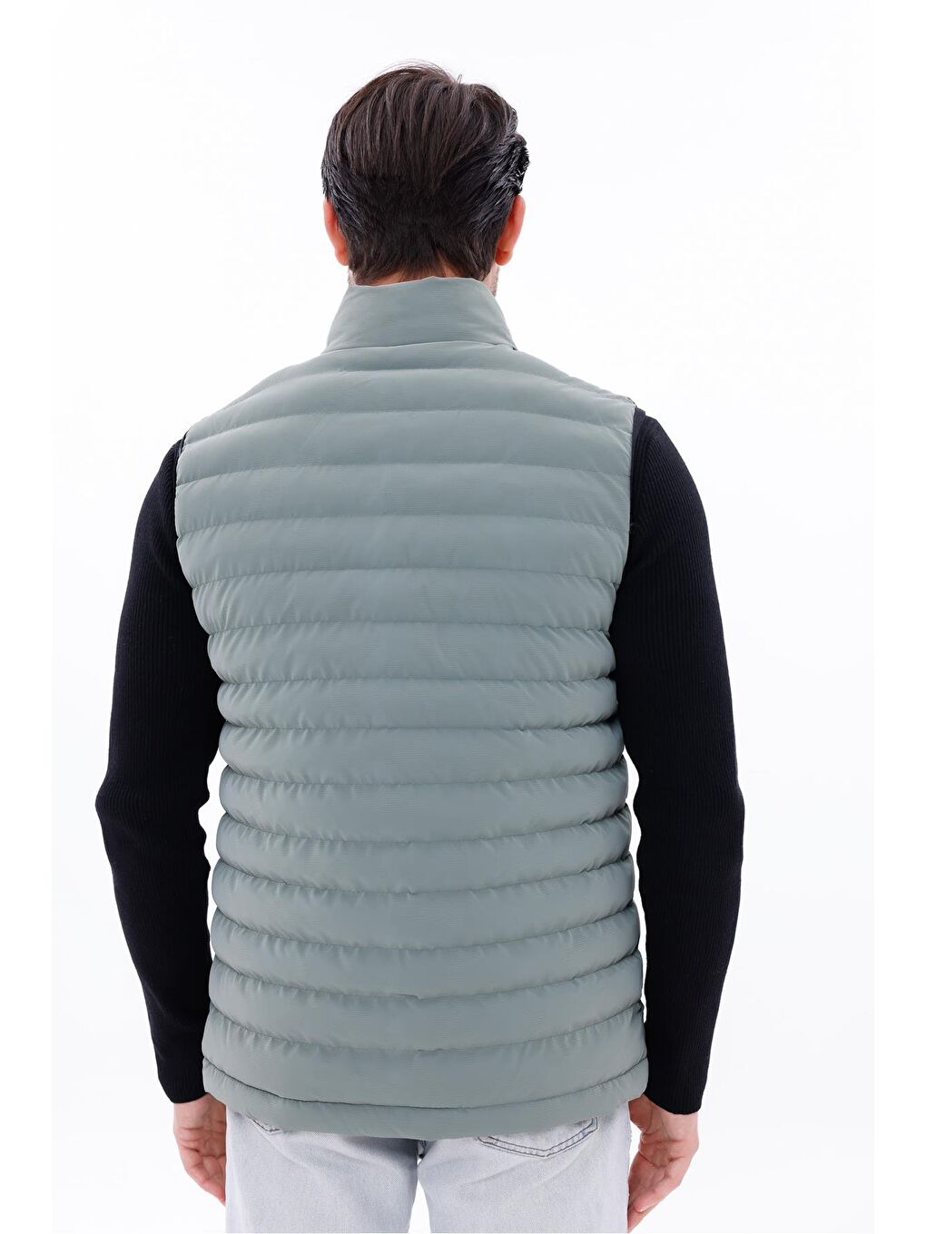 Yeşil Erkek Nova Kumaş Şişme Yelek Hafif Dolgulu Fermuarlı Cepli Su İtici Rahat Kalıp-5